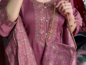 Pink Ethnic Motifs Printed Straight Sequinned Organza Kurta with Trousers & Dupatta