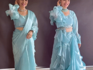 💫 Ready-To-Wear Ruffle Saree In Jimmy Choo Fabric With Chic Ruffle Pallu, Border Lace Detailing & Stitched Blouse – Perfect For Elegant Celebrations