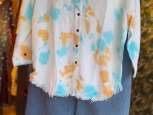 White Tie-Dye Cotton Shirt – Beach Vibes in Blue & Orange Splash