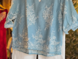 Aqua Whisper – Lace Embroidered Cotton Top & Pants Set