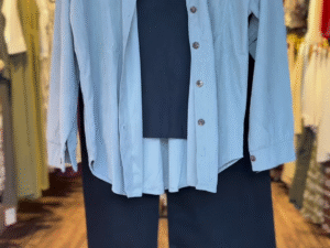 3-Piece Co-ord Set – Powder Blue Shirt with Black Crop Top & Pants