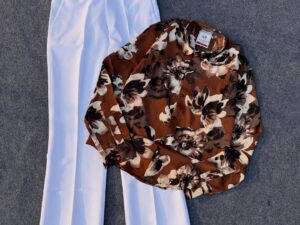 🤎 Earthy Elegance: Brown Floral Shirt & White Tailored Trouser Set 🤍