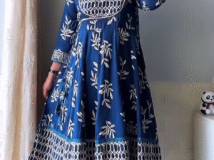 Elegant Navy Blue Cotton Angrakha Kurta Set with Handcrafted Floral Prints – Ethnic Charm Meets Comfort