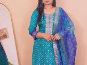 Teal & Blue Printed Silk Blend Kurta Set with Brocade Elegance – Classic Charm Meets Contemporary Style ✨