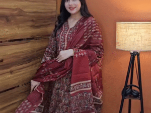 Maroon Printed Cotton Anarkali Kurta Set with Dupatta – Graceful Flow & Everyday Elegance ✨