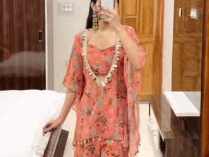 Georgette Sharara with Short Kurti Top – Chic V-Neck Set with Digital Prints & Embroidery ✨