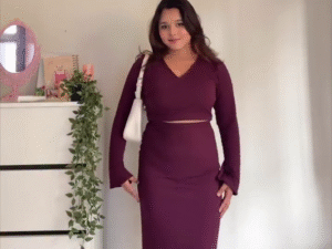 Elevate Your Elegance: Wine-Colored Co-Ord Set with V-Neck Crop Top & Flowing Skirt 🍷✨