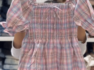 Sweet & Stylish: Smocked Plaid Crop Top with Puff Sleeves & Tie-Front Detail 🎀✨