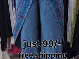 Stylish Women’s Denim Palazzo Pants – Embroidered Wide Leg Boho Jeans with Wrap Design for Trendy Casual Wear