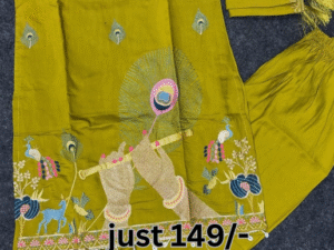 Elegant Embroidered Ethnic Suit Set for Women – Traditional Peacock & Flute Design Kurti with Pant and Dupatta