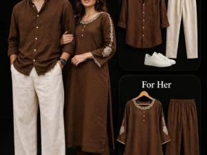 Brown & White Casual Couple Outfit Set – Men’s Linen Shirt & Trousers with Women’s Embroidered Kurta Set at Just ₹149