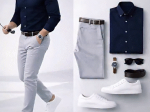 Men’s Navy Blue Slim-Fit Business Casual Outfit Set – Shirt, Grey Trousers, Sneakers & Accessories at Just ₹149
